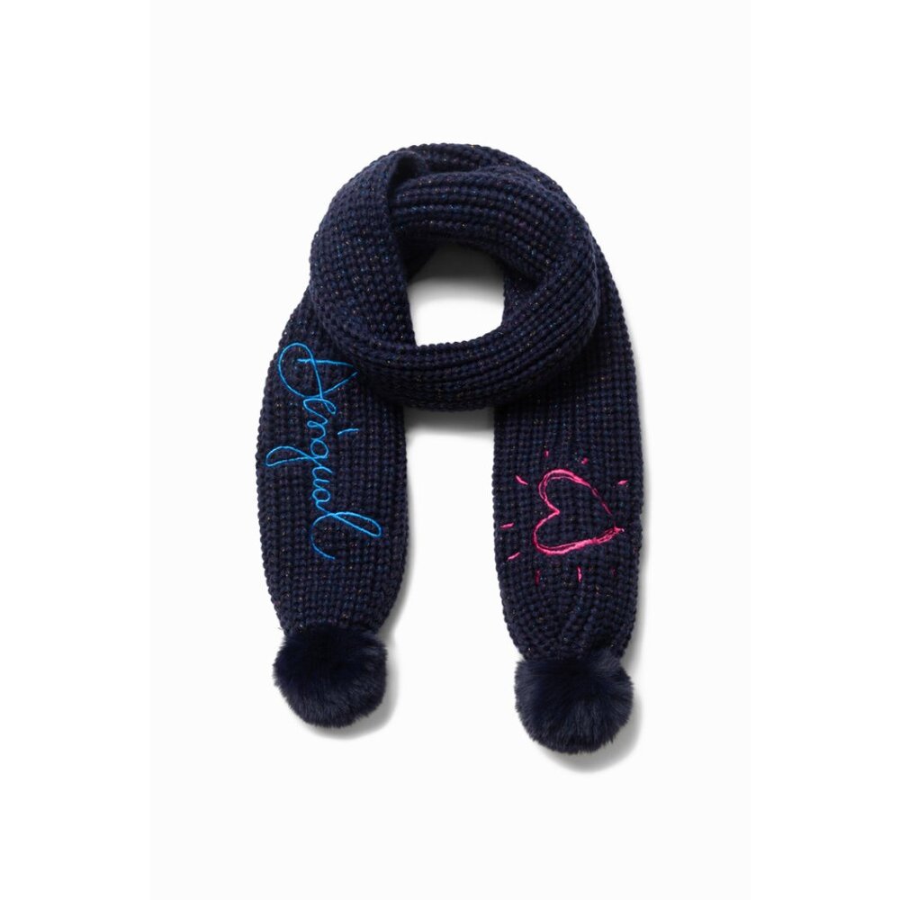 New DESIGUAL Dark Blue Pink Gold Metallic Chunky Knit Heart Scarf With Pom Poms